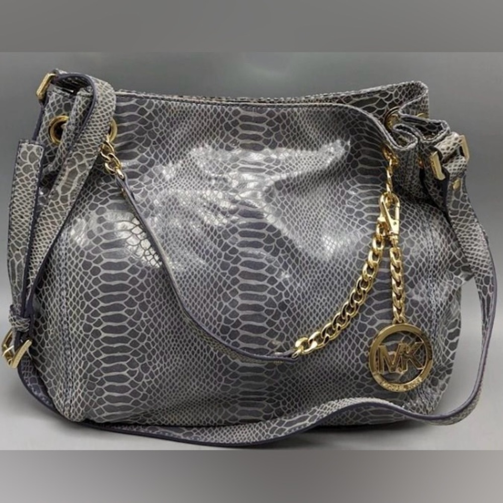NWOT Michael Kors blue gray snake print leather convertible tote.